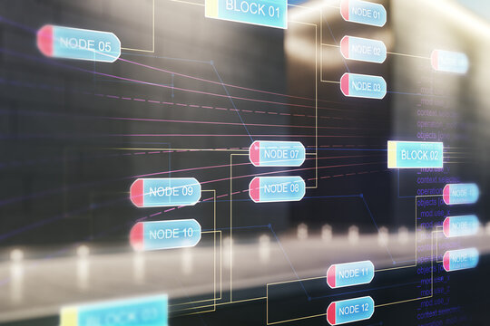 Abstract virtual coding concept on blurry modern office building background. Multiexposure