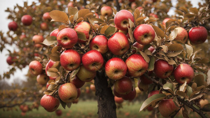 An apple tree full of ripe red apples, ready to be picked.

