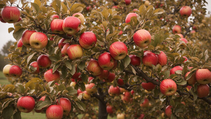 An apple tree full of ripe red apples, ready to be picked.

