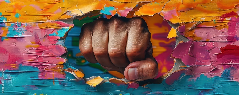 Wall mural Close-up of a fist dynamically breaking through torn paper, intense motion, graffiti style, bright colors, urban art, high-resolution detail, powerful impact