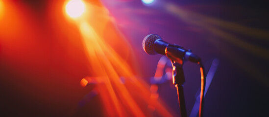 Fototapeta premium A microphone on stage in front of bright lights