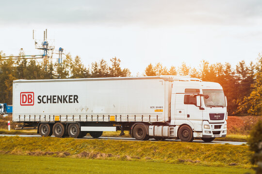 Europe, Poland 06.04.2024 - White DB Schenker truck transporting goods through countryside