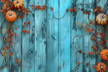 Vibrant Blue Wooden Background with Festive Pumpkins and Berries