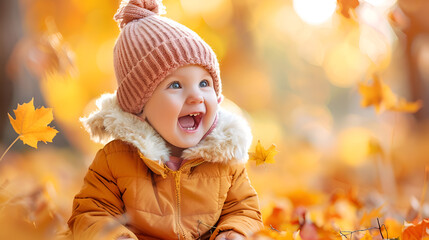 baby smiling and looking up to camera on a yellow background, cute baby wearing yellow cap and yellow jacket. ai generated.  
