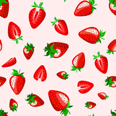 strawberry background, seamless texture, painted vector illustration. various red juicy whole berries and pieces randomly scatter on a light background