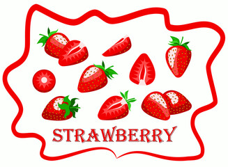 strawberries, drawn vector illustration. a set of juicy red whole berries and pieces in different types. isolated on a white background