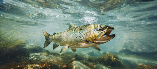 A salmon swims through a crystal clear river