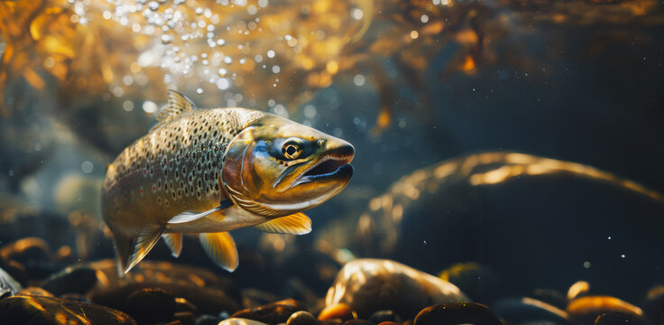 A single salmon swimming upstream in a crystal clear river