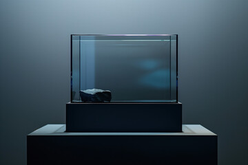 Clean Museum Exhibit Space: Empty Glass Display Case on Dark Backdrop 