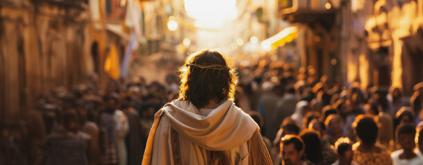 Rear view of jesus preaching in the streets of rome