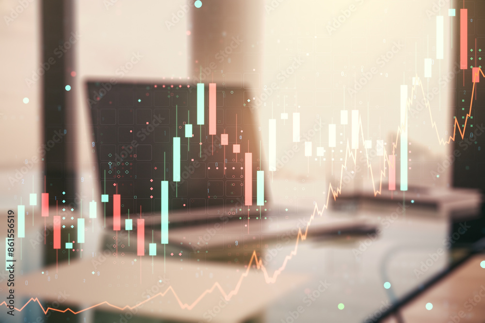 Fototapete multi exposure of abstract creative financial chart on computer background, research and analytics c