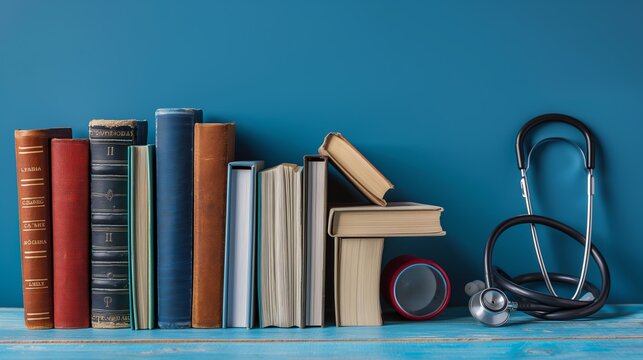 Bookshelf with Medical Books and Stethoscope on Blue Background