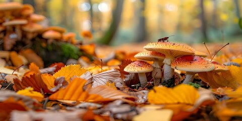 Obraz premium Chaotic yet harmonious scene of forest floor with fungi insects and leaves. Concept Forest Floor, Fungi, Insects, Leaves, Chaotic Harmony