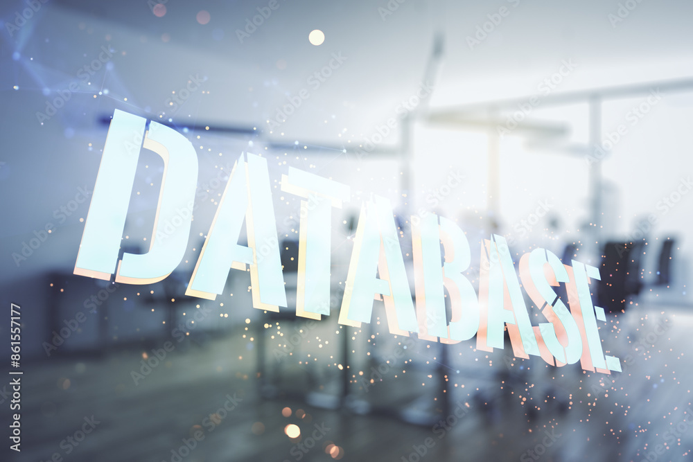 Poster double exposure of database word sign on a modern furnished office background, global research and a