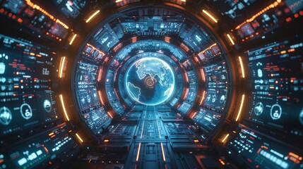 Obraz premium A Futuristic Spacecraft Corridor With A View of Earth. Generative AI