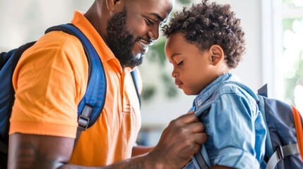 Loving African American Father Helping Son Get Ready for School. Generative ai