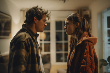 A couple, engaged in a serious argument. Their expressions show frustration and anger, reflecting the strain in their relationship.