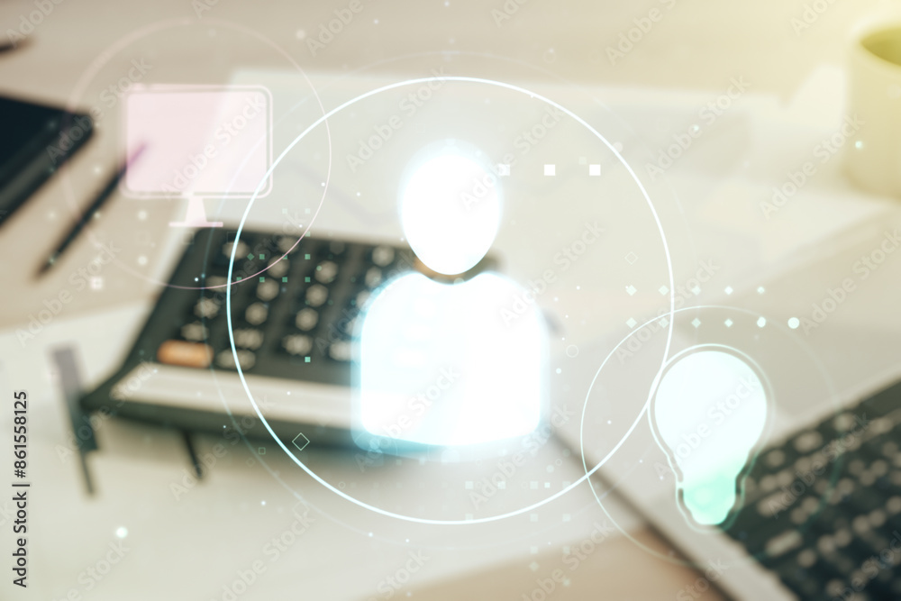 Poster double exposure of abstract virtual social network icons on blurry calculator with laptop background