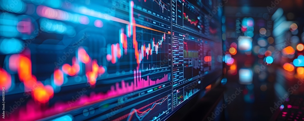Poster soaring digital finance graphs on computer screen representing growth and analytics