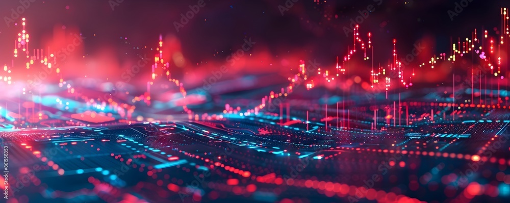 Poster soaring digital financial graphs on computer screen representing growth and analytics
