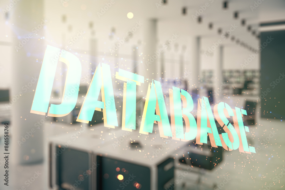Poster double exposure of database word sign on a modern furnished office background, global research and a