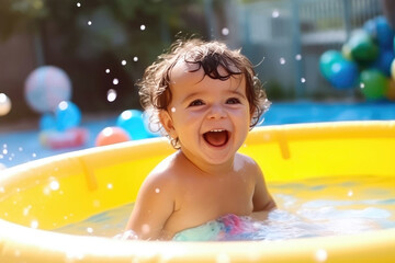 Cute Happy Child Swimming in Inflatable Pool