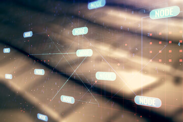 Double exposure of abstract programming language interface on blurry metal background, research and development concept