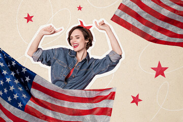 Composite collage image of pretty female retro dance national independence america day fourth july concept fantasy billboard comics zine