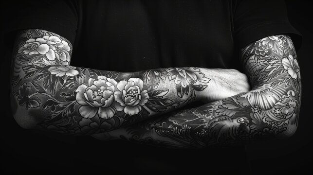 A Symphony of Ink: A Black and White Portrait of a Mans Detailed Floral Tattoos. Generative AI