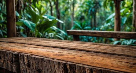 Fototapeta premium rustic wooden table and, in the background, a jungle landscape blurred with nature, dense foliage, vegetation, and sky, to use as a background for products.