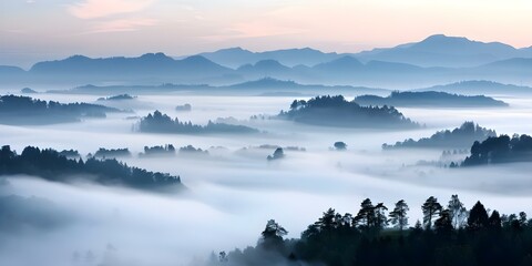 Fototapeta premium Capturing Realistic Depth in Ultrahigh Resolution Landscape Photography Through Early Morning Mist. Concept Landscape Photography, High Resolution Images, Early Morning Mist, Realistic Depth