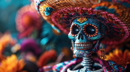 Obraz premium A highly detailed skull adorned with an array of vibrant colors and intricate patterns, symbolizing traditional cultural festivities and showcasing exceptional artistic craftsmanship.