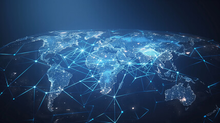 Abstract world map illustrating global network and connectivity, representing international data transfer, cyber technology, and worldwide business
