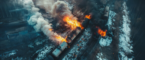 Aerial view of a burning freight train wreck