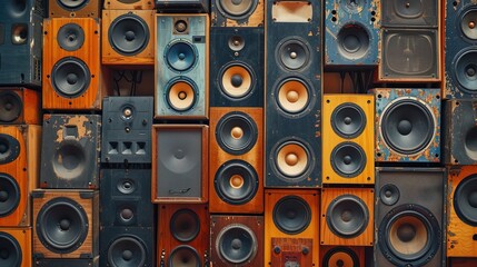 A large stack of vintage music audio speakers