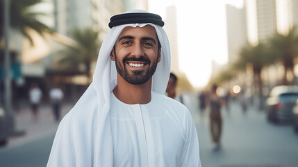 Fototapeta premium A young Arab man smiling in the street of Dubai