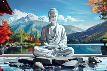 Zen Buddha statue in a serene setting, minimalistic, peaceful, Japanese ink painting
