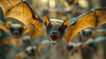 Obraz premium A group of bats flying in the forest with one bat in sharp focus, showcasing its details and features, stirring a sense of mystery and fascination.