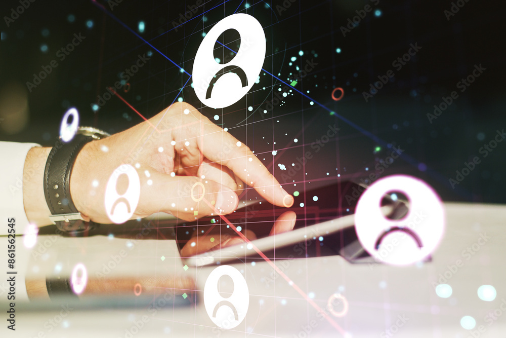 Poster social network media concept with finger presses on a digital tablet on background. double exposure