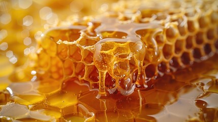 Close-up image showcasing natural, golden honey dripping from a honeycomb structure, highlighting the texture, color, and purity of the fresh honey in a detailed macro view.