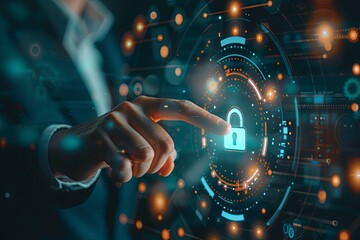 Fototapeta premium Businessman touching digital padlock on virtual screen showcasing data protection concept.