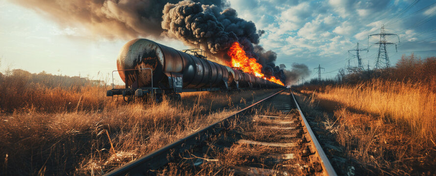 Burning freight train derailment on rural tracks