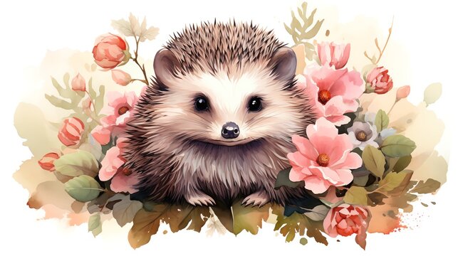 recommend clip art: Cute watercolor hedgehog surrounded by pink flowers.