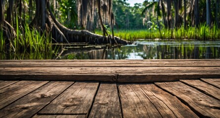 Fototapeta premium rustic wooden table and, in the background, a swampy jungle blurred with nature, swamp vegetation, and sky, to use as a background for products.