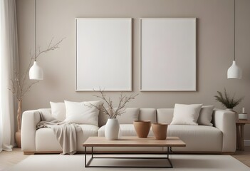 Mockup poster frames on the wall of the bedroom. Modern Interior mockup. Apartment background. Modern Japandi interior design. 3D render