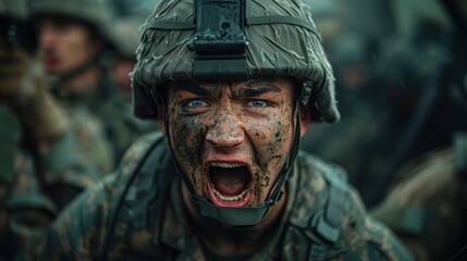 Fototapeta premium A soldier in the midst of a combat drill screams intensely, his face smeared with mud, representing raw emotion, determination, and military rigor in a high-stakes environment.