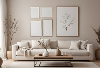 Mockup poster frames on the wall of the bedroom. Modern Interior mockup. Apartment background. Modern Japandi interior design. 3D render