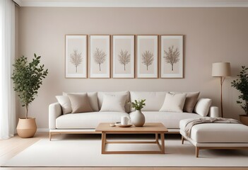 Mockup poster frames on the wall of the bedroom. Modern Interior mockup. Apartment background. Modern Japandi interior design. 3D render