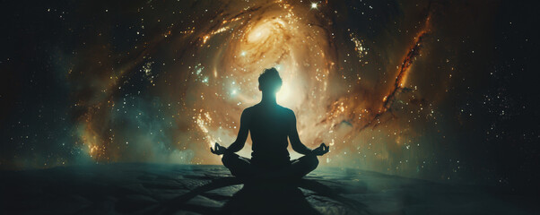 Yoga silhouette in cosmic space meditation