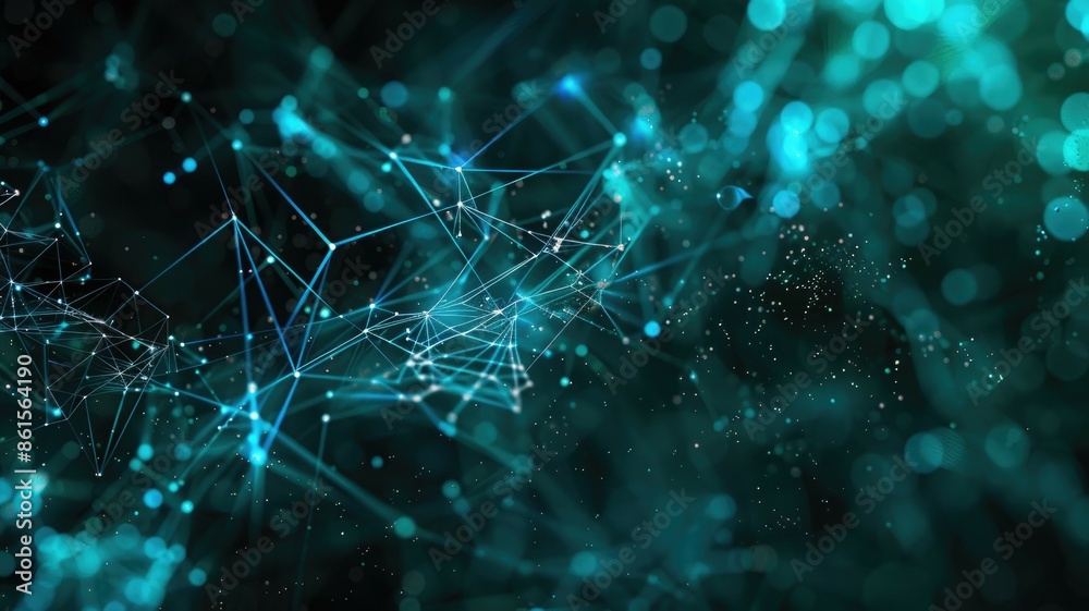 Poster digital network abstractly shown with particles and lines symbolizing data and connectivity in a fut